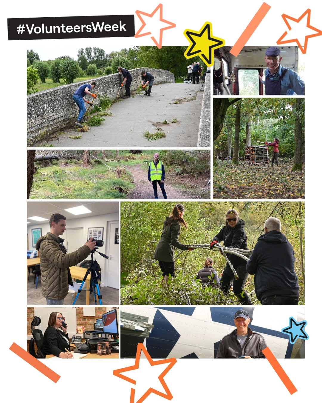 Collage for Volunteers Week showing volunteers doing outdoor cleanup, forest work, and office tasks.