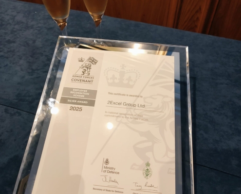 Framed certificate on blue table cloth with two champagne glasses